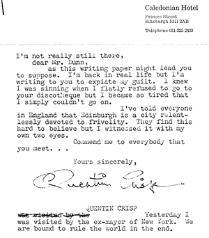 letter Quentin Crisp to Ian Dunn